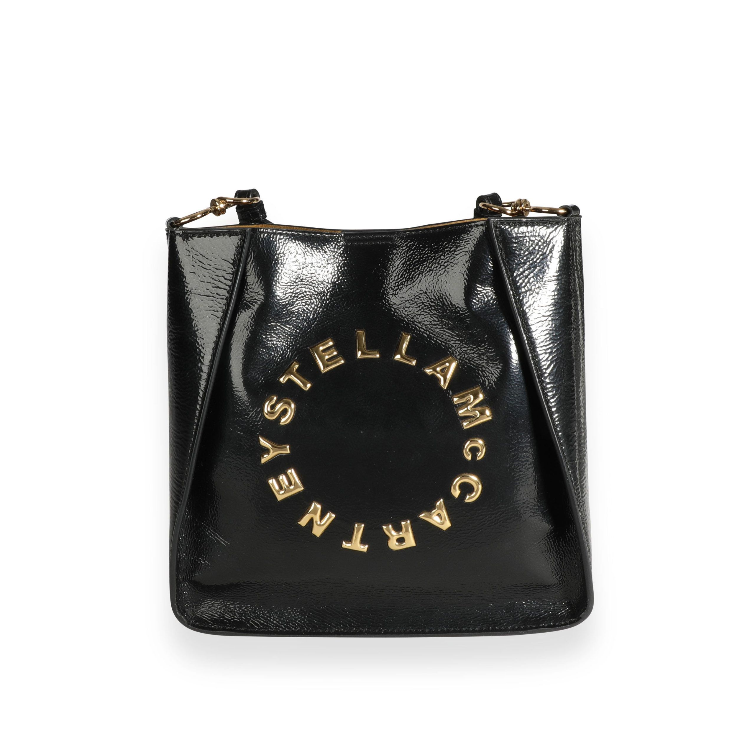 image of Stella Mccartney Black Vegan Patent Logo Messenger Bag, Women's