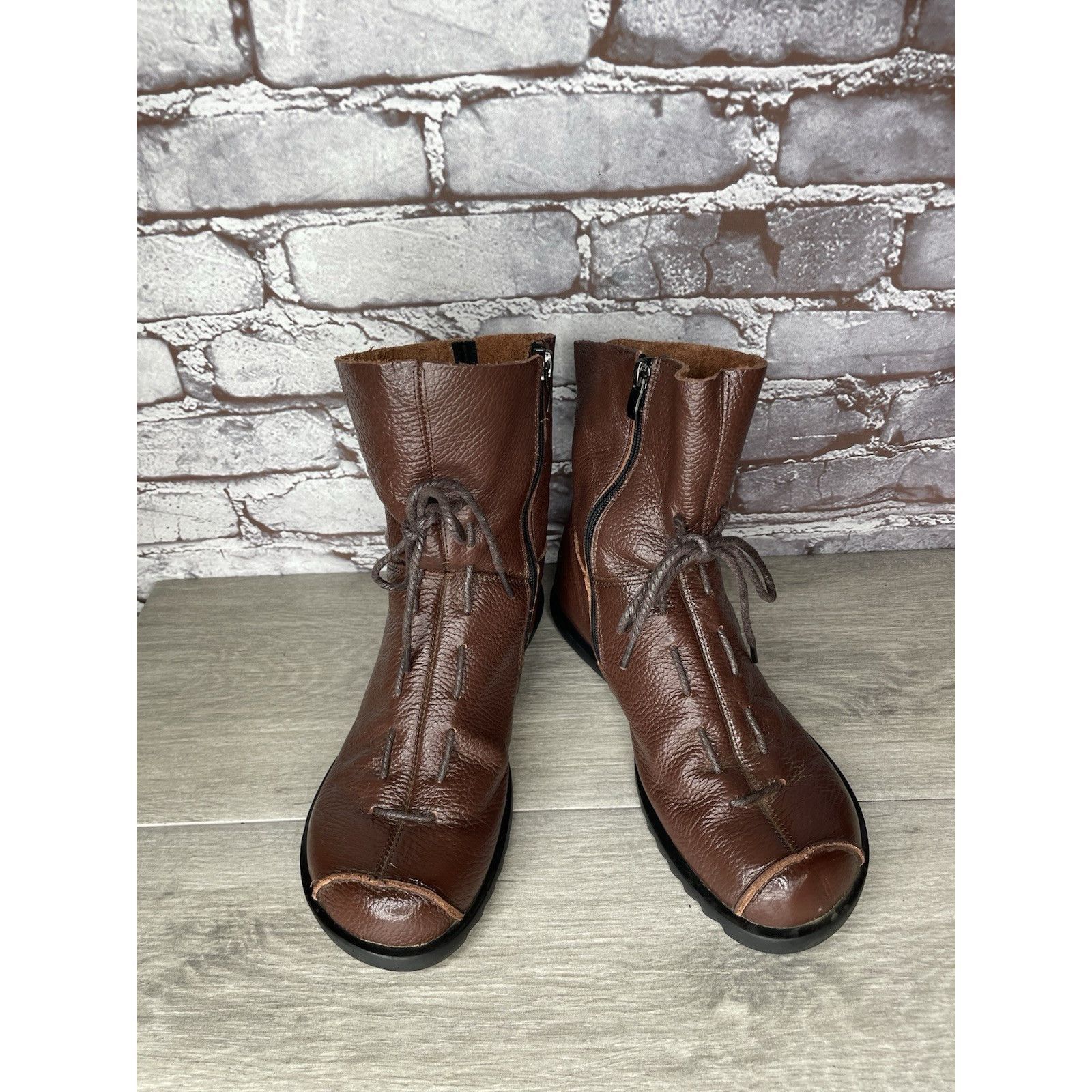 RUIbuilt Hin Rui VTG Brown Leather Ankle Boots Rope Laces Side Zip Wo Size US 8.5 / IT 38.5 - 15 Thumbnail