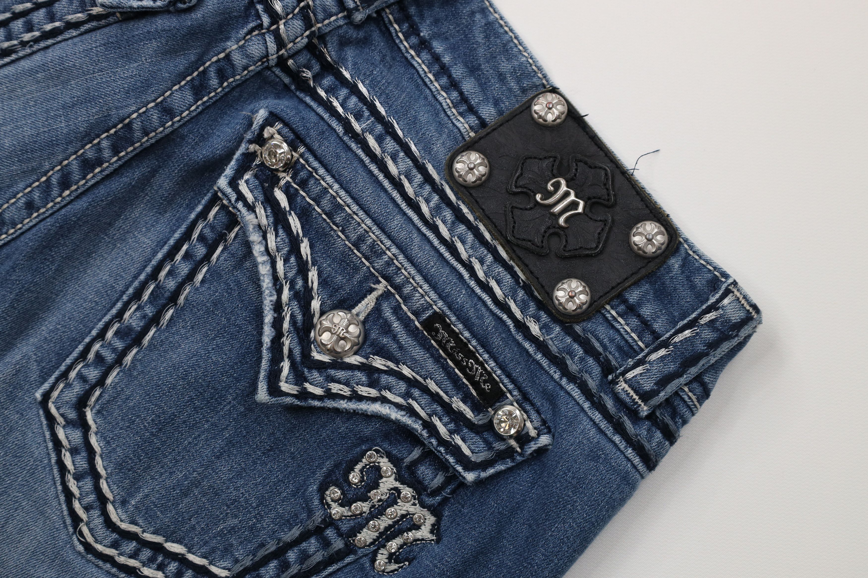 Miss Me Miss Me Thick Stitch Jeweled Stretch Boot Cut Denim Jeans Size 29" - 15 Thumbnail