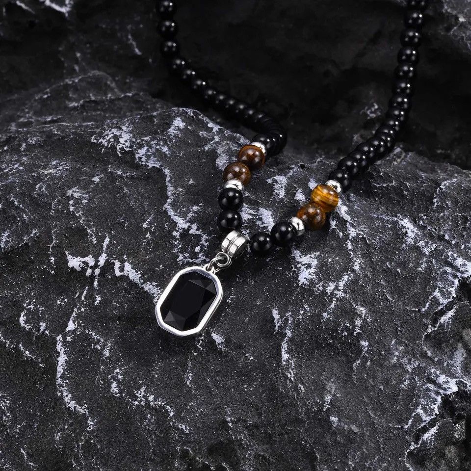 Jewelry × Vintage Mens Geometric Charm Necklaces, Black Beaded Tier Eye Stone Size ONE SIZE - 5 Thumbnail