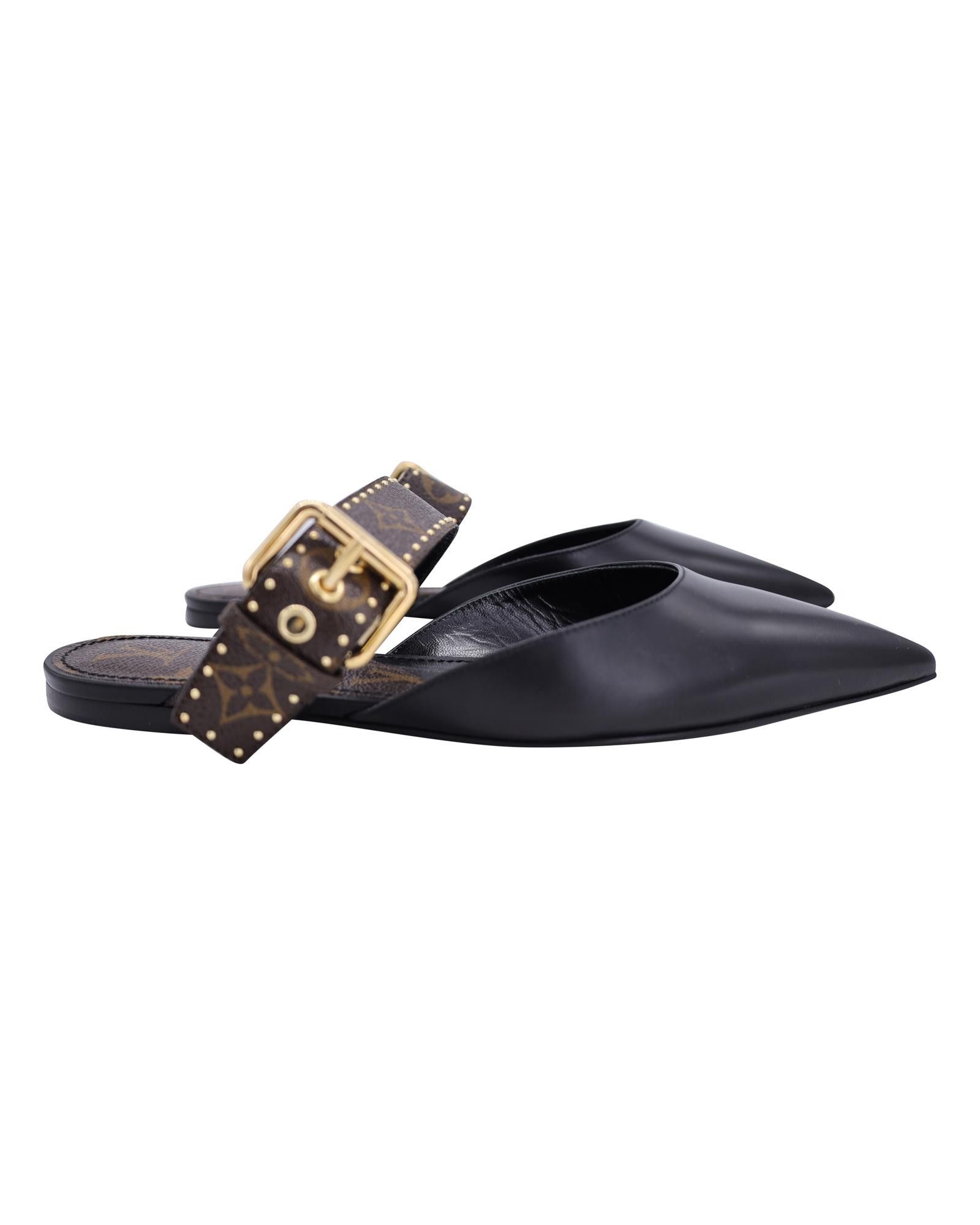 image of Louis Vuitton Black Leather Flat Mule Shoess By A Luxury Designer, Women's (Size 9)