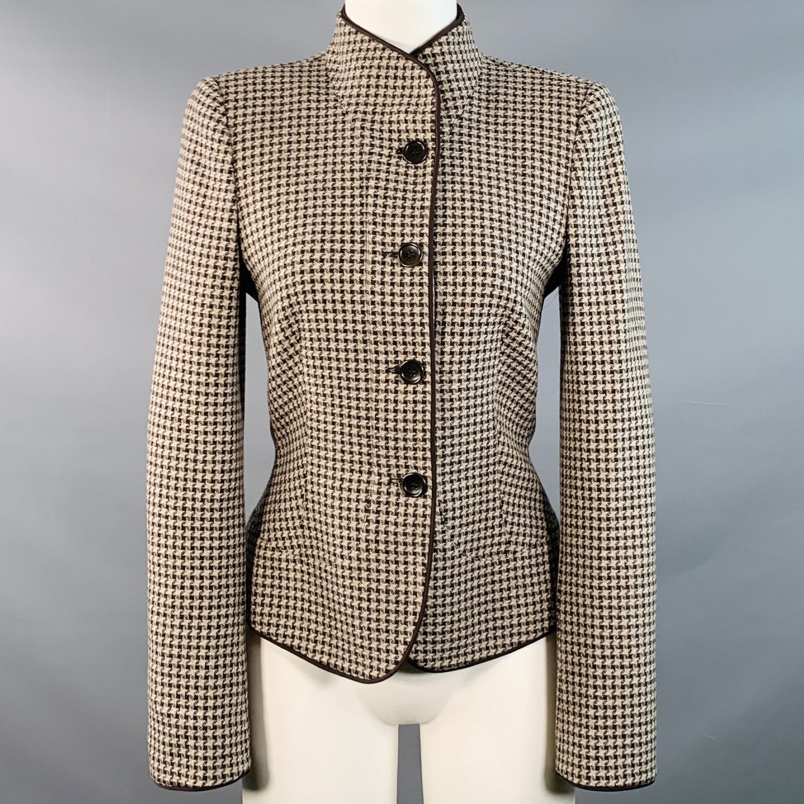 Armani Collezioni Size 6 Brown Tan Wool Houndstooth Collarless Jacket Blazer Size M / US 6-8 / IT 42-44 - 1 Thumbnail