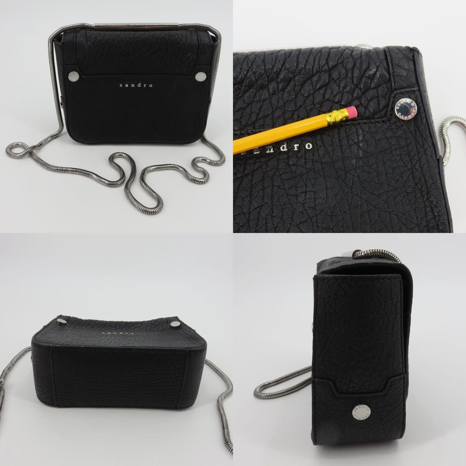 Sandro Sandro Black Leather Crossbody Purse Bag Silver Tone Metal Chain Strap Women Size ONE SIZE - 9 Thumbnail
