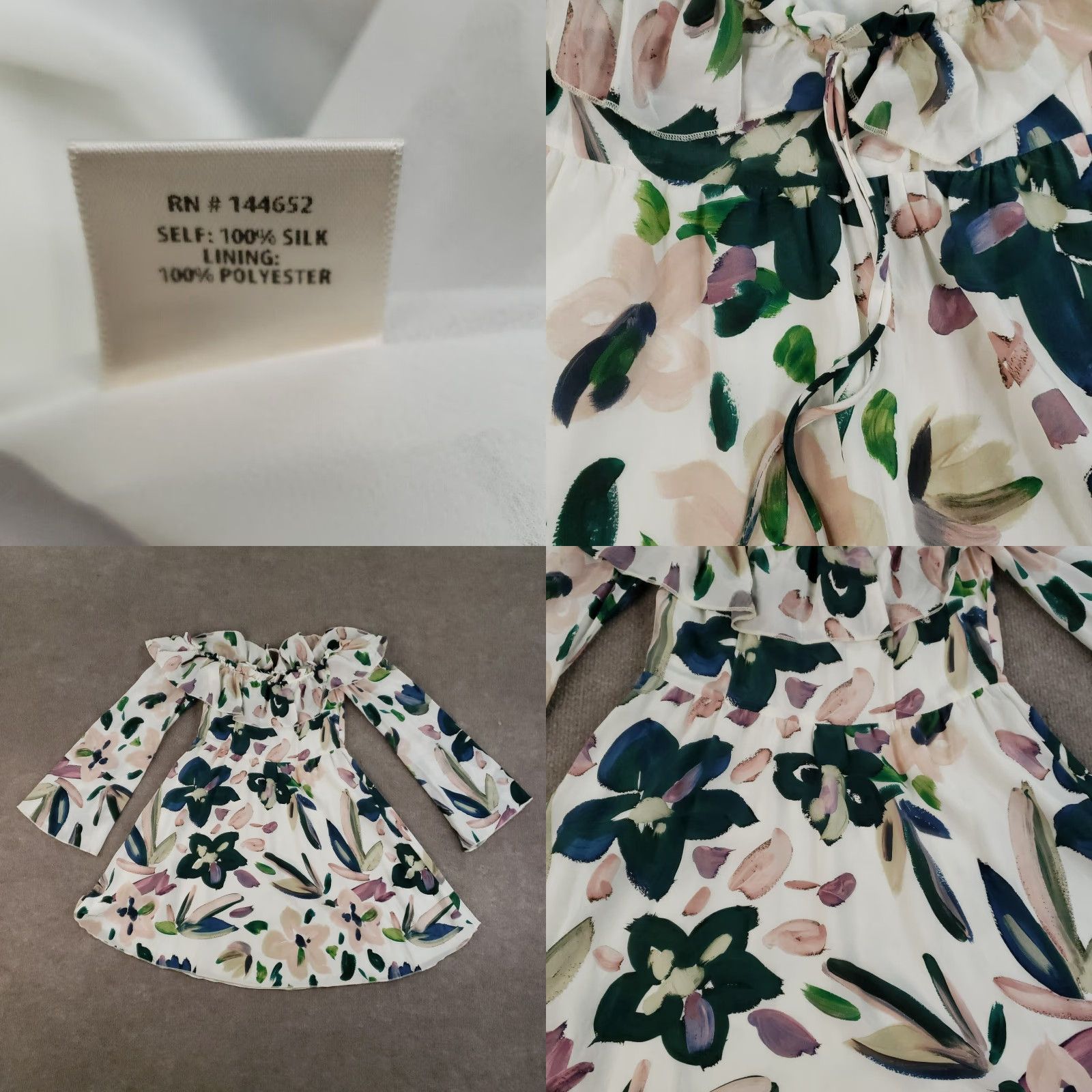 Vintage Stone Cold Fox Mini Dress Women Size 1 White Green Floral Silk Lined Long Sleeve Size XS / US 0-2 / IT 36-38 - 8 Thumbnail