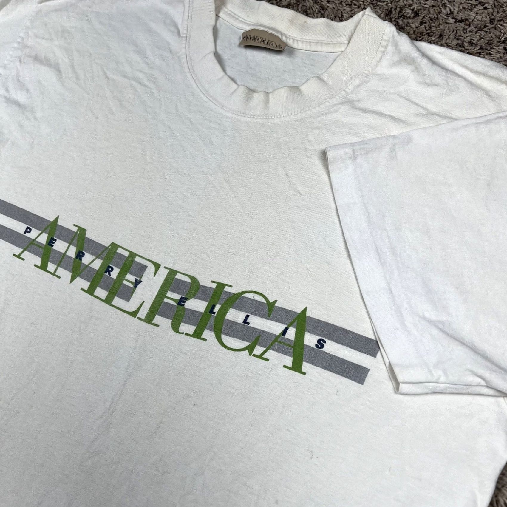 Perry Ellis VINTAGE Perry Ellis Spellout Graphic T-Shirt XL White 90s Grunge Mens Short Sleeve Single Stitch Classic Size US XL / EU 56 / 4 - 4 Thumbnail