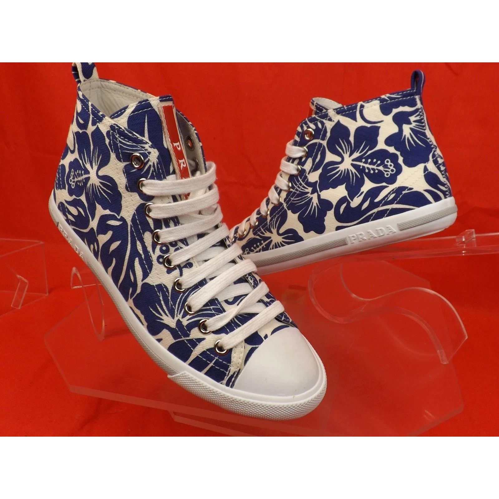 Prada PRADA 3T573 BLUE FLORAL DENIM LEATHER HIGH TOP SNEAKERS 35.5 Size US 5.5 / IT 35.5 - 4 Thumbnail