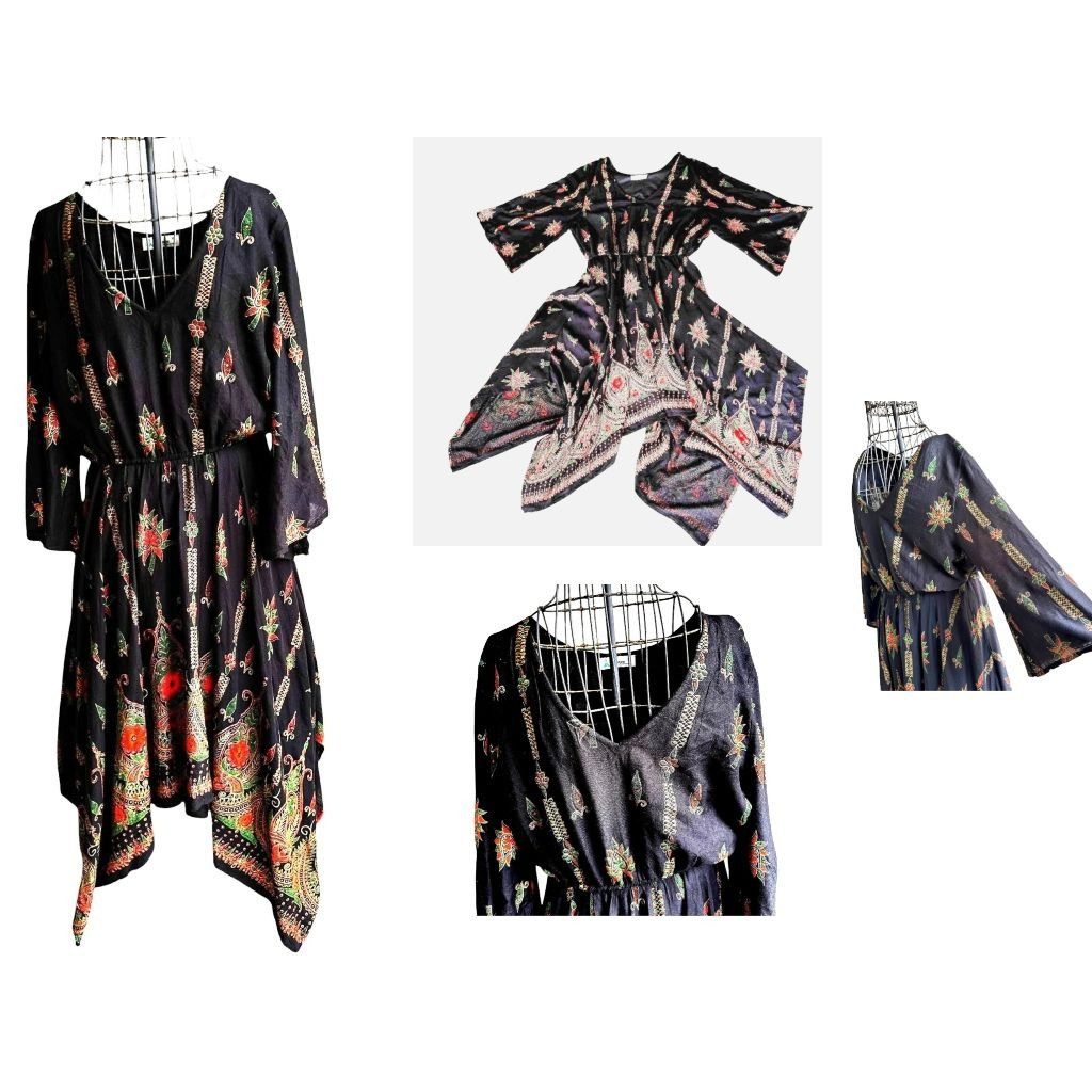 Other Lapogee Maxi Dress XL Black Floral V Neck Flare Sleeves Asy Size XL / US 12-14 / IT 48-50 - 2 Thumbnail