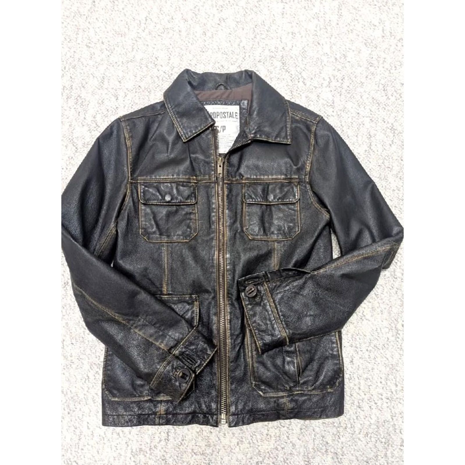 Aeropostale VINTAGE Aeropostale jacket Leather Jacket Mens S 36 brown six pocket front patina 1990s MAD MAX motorcycle coat Y2K vintage flight jacket Size US S / EU 44-46 / 1 - 2 Thumbnail
