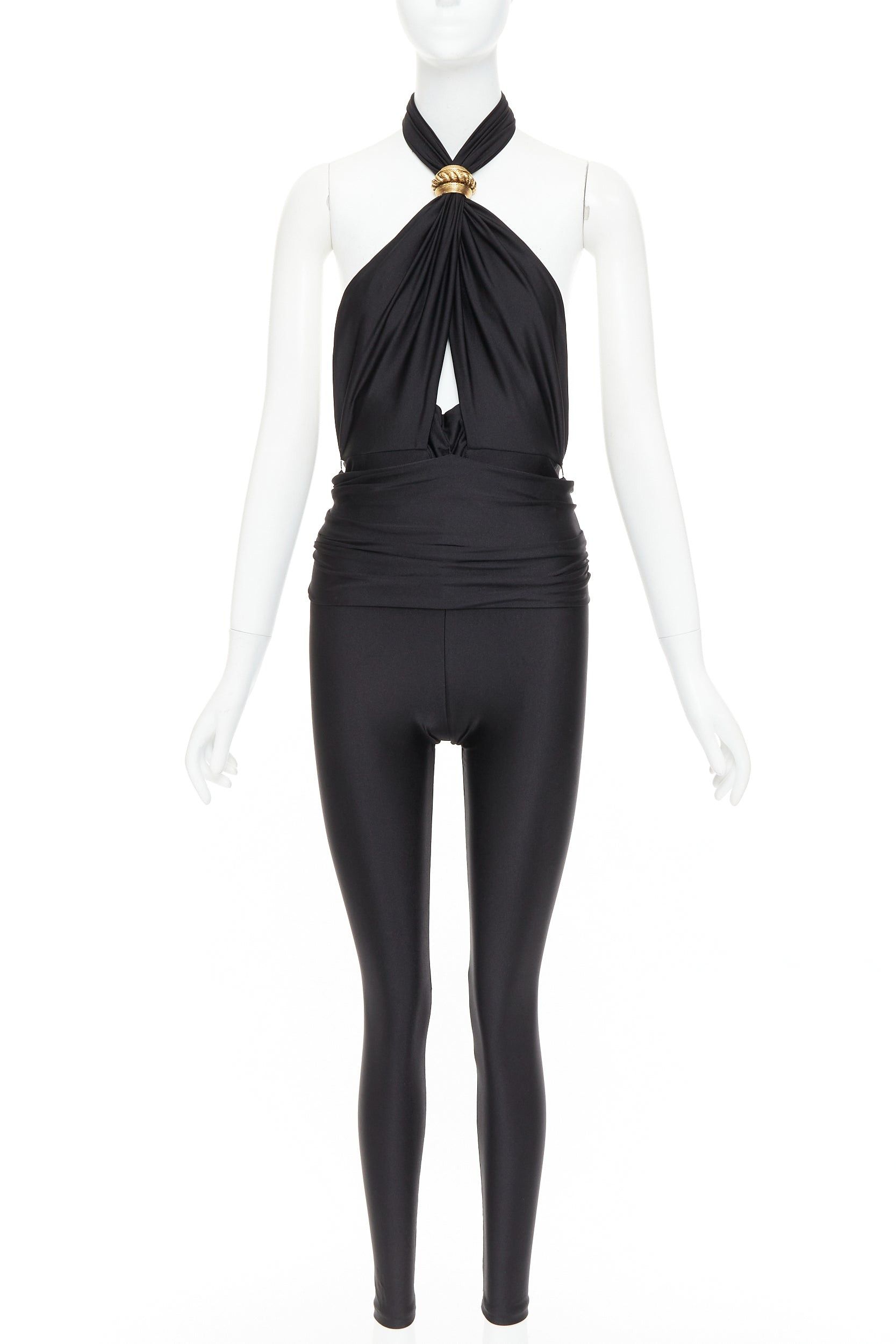 Saint Laurent Paris SAINT LAURENT 2022 Runway black gold metal brooch halter cutout jumpsuit Sz.2 M Size 28" / US 6 / IT 42 - 1 Thumbnail