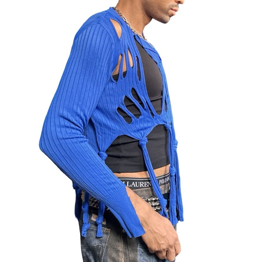 Other ASTROBOI* Blue Open Knit Ribbed Knotted Polo Sweater - Large Size US L / EU 52-54 / 3 - 4 Thumbnail