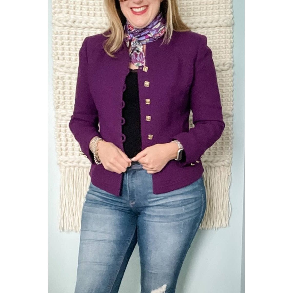 Vintage Vintage 100% Wool Purple Collarless Blazer Jacket 10P/MP Size L / US 10 / IT 46 - 7 Thumbnail