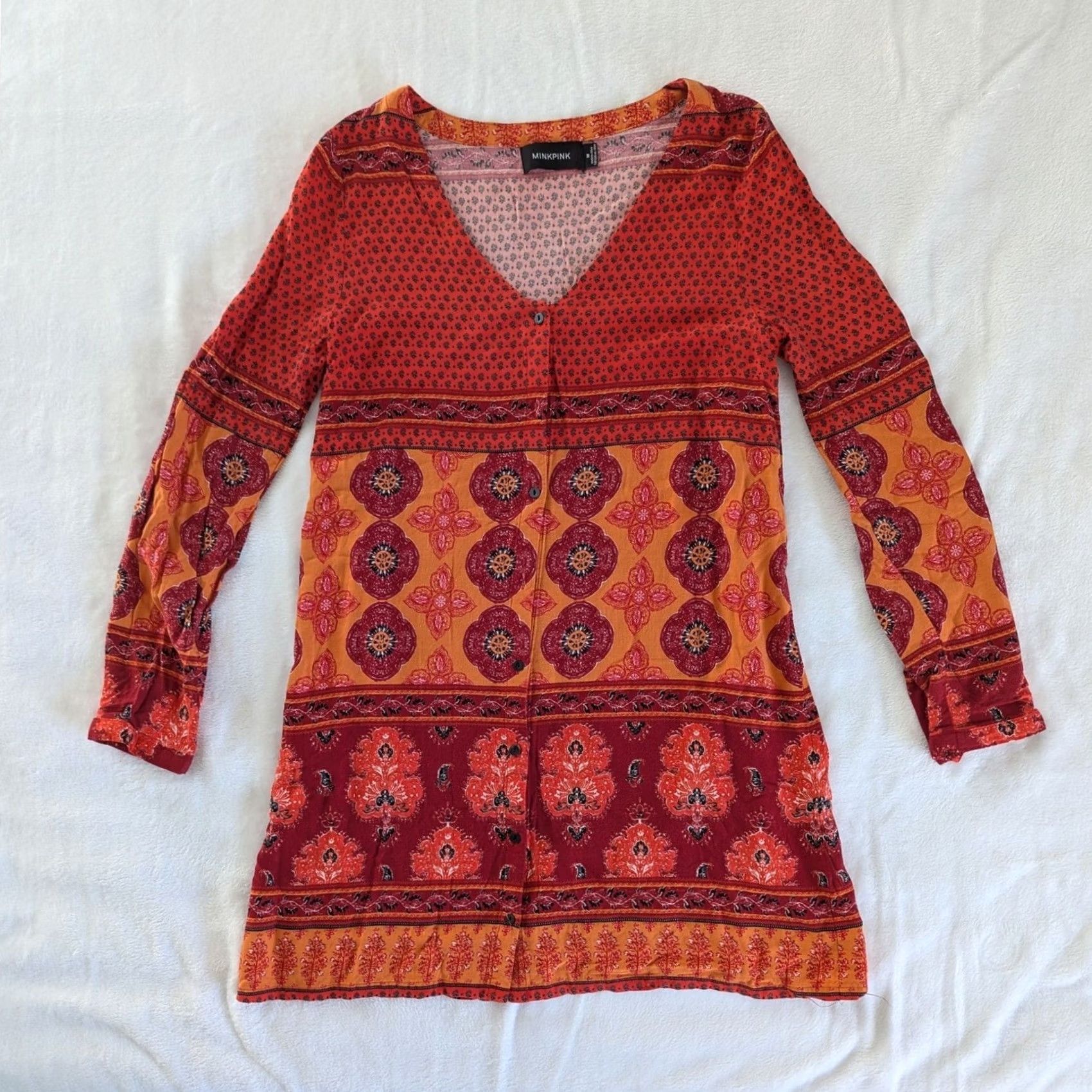 MINKPINK MINKPINK Floral Print Long Sleeve Mini Dress Women Size M Boho Festival Retro Size M / US 6-8 / IT 42-44 - 2 Thumbnail