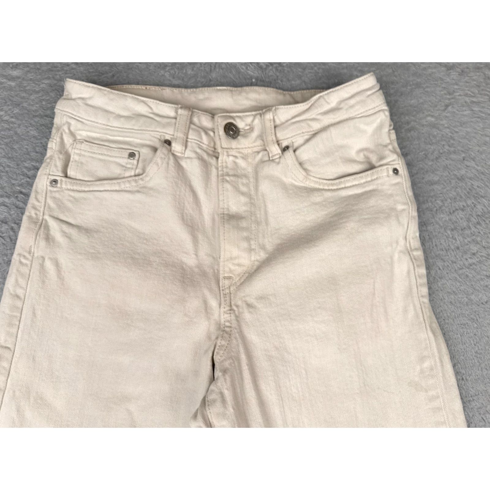 Denime &Denim Jeans Womens White High Rise Wide Leg Cotton Blend 27 Regular 26x25 Distressed, Raw Hem, Logo, Embroidered 5-Pocket Denim Vintage No Mens? Size 27" / US 4 / IT 40 - 4 Thumbnail