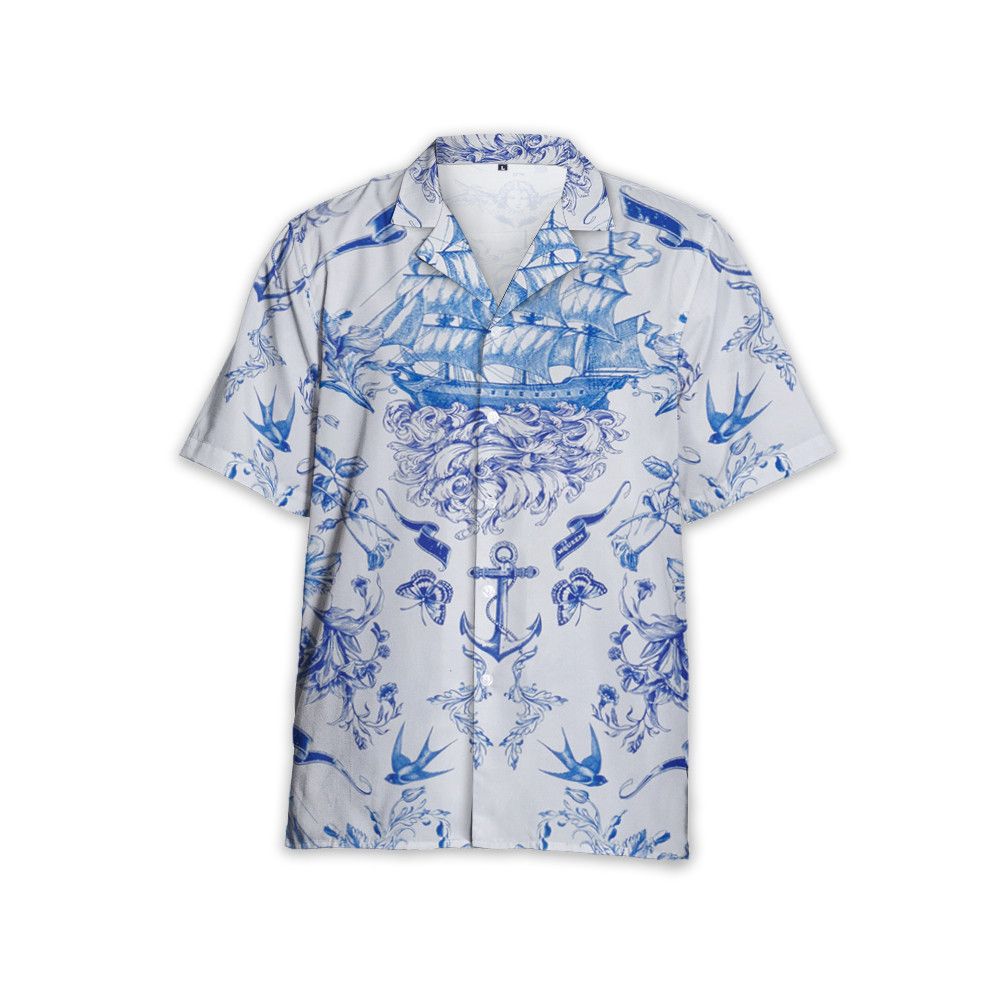 Designer Men’s Sailor Tattoo Hawaiian Shirt – Retro Nautical Style Size US M / EU 48-50 / 2 - 1 Thumbnail