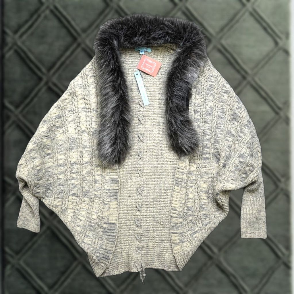 Vintage Lauriebells Sweater Cardigan Womens L Beige Knit Faux Fur Cable Open Slim Casual Autumn Winter 2020s Mens Girls Size L / US 10 / IT 46 - 1 Thumbnail