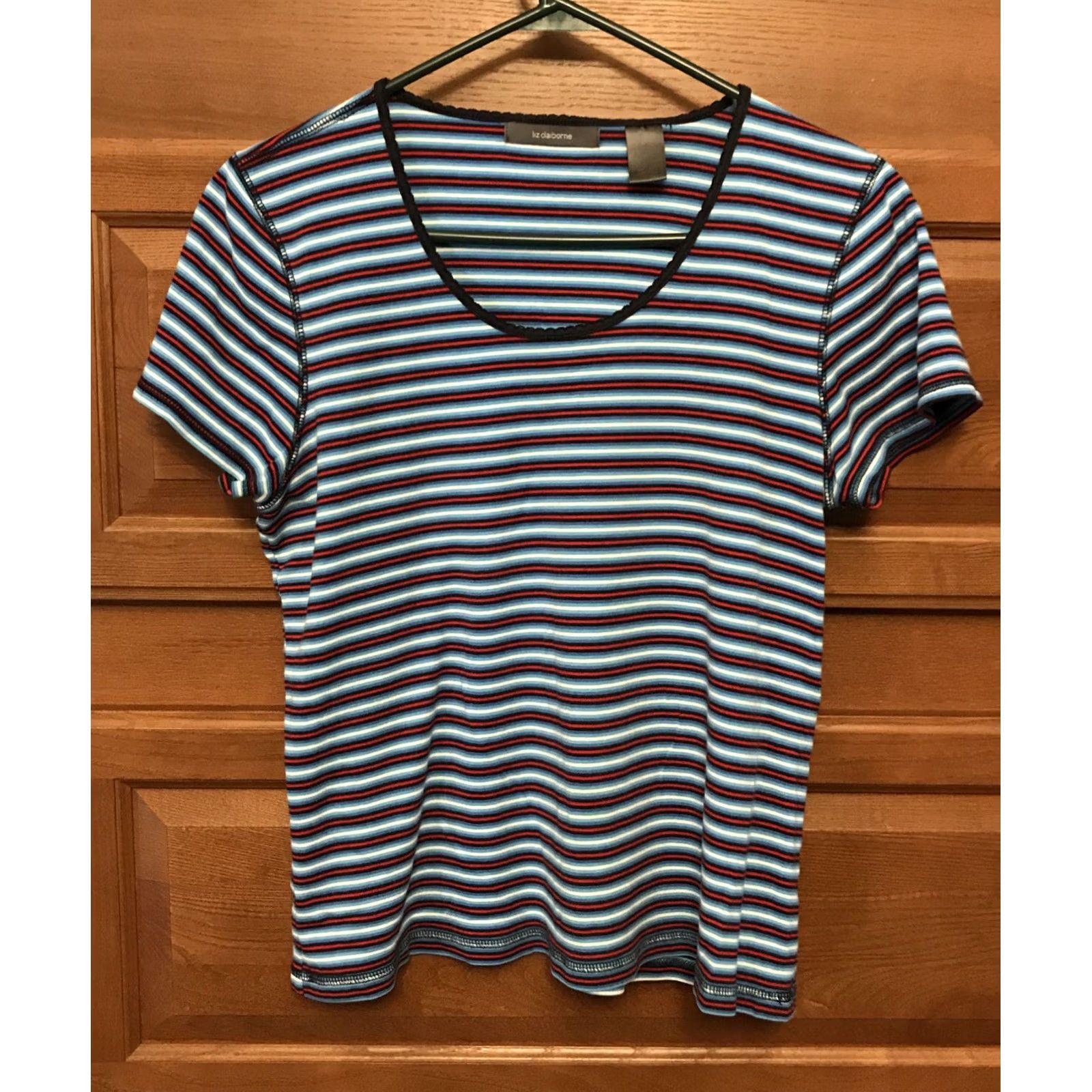 Liz Claiborne Liz Claiborne T-Shirt Shirt Women Size M Multicolor Striped Short Sleeve Round Neck Pullover Casual Everyday Knit Cotton Glow Size M / US 6-8 / IT 42-44 - 2 Thumbnail