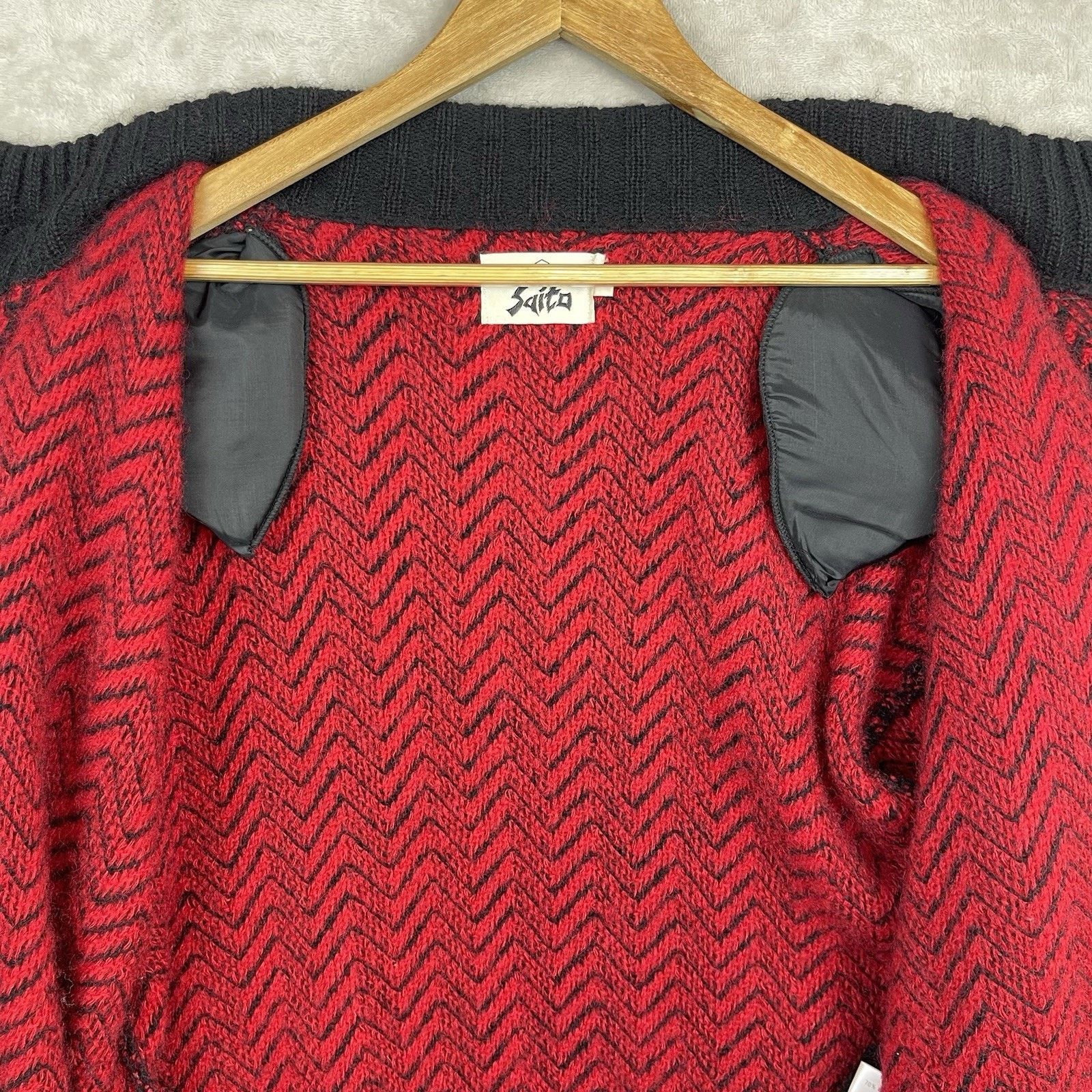 Other Vintage Saito Mohair Chevron Cardigan Red Black 80s Grail Size S / US 4 / IT 40 - 10 Thumbnail