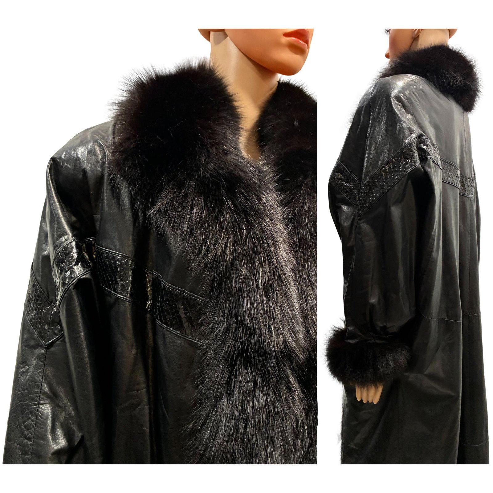 Genuine Leather 80s Leather & Fox Fur Full Length Coat w Genuine Snakeskin Size ONE SIZE - 7 Thumbnail