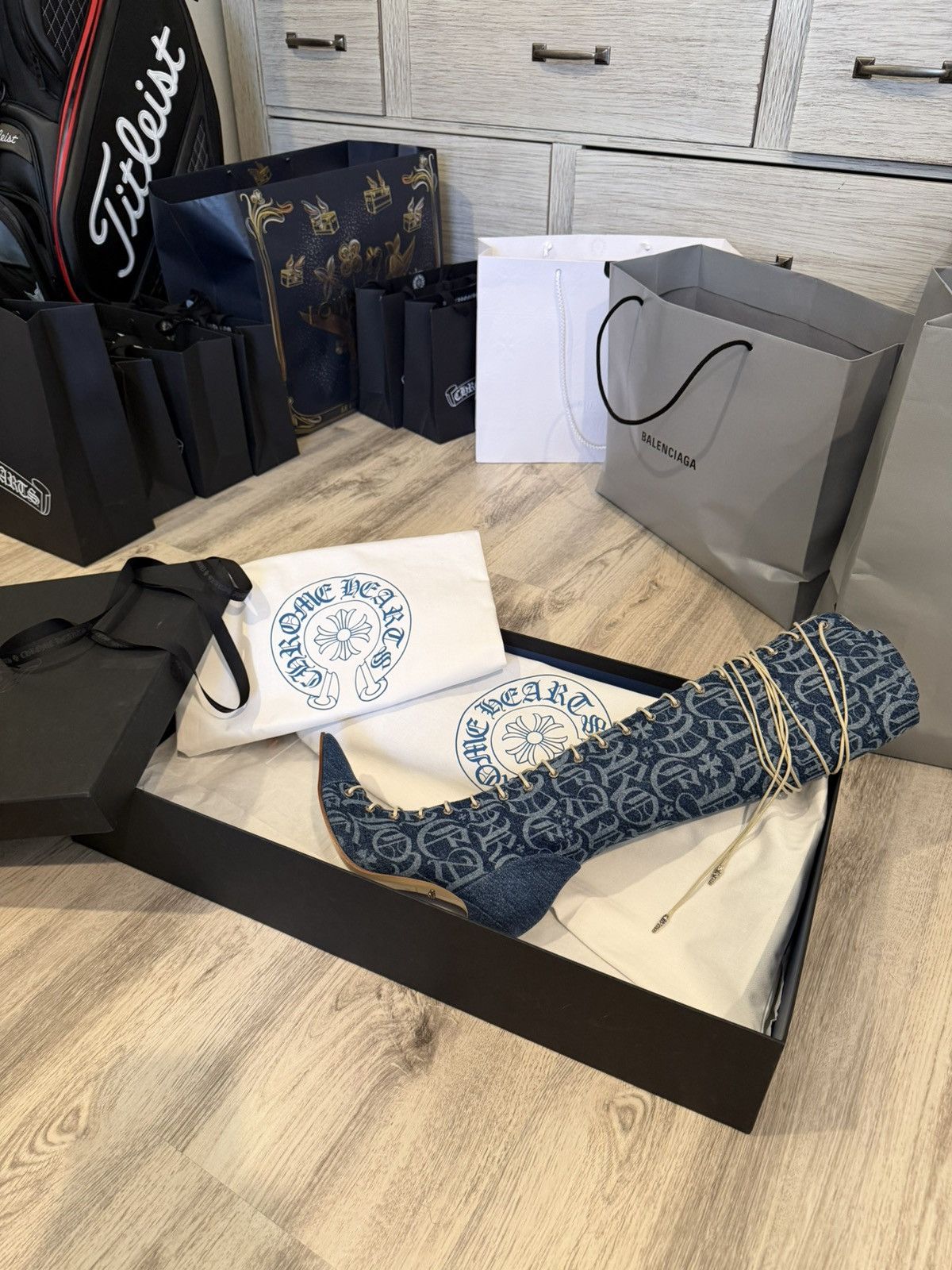 Chrome Hearts RARE！Chrome hearts Denim Monogram Lace Up Knee Boots Size US 7 / IT 37 - 1 Thumbnail
