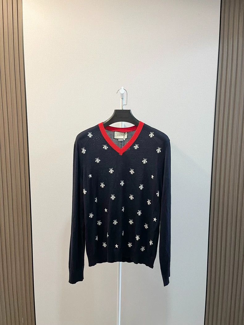 Gucci Gucci Dark blue full-print bee V-neck long-sleeved sweater Size US L / EU 52-54 / 3 - 1 Thumbnail