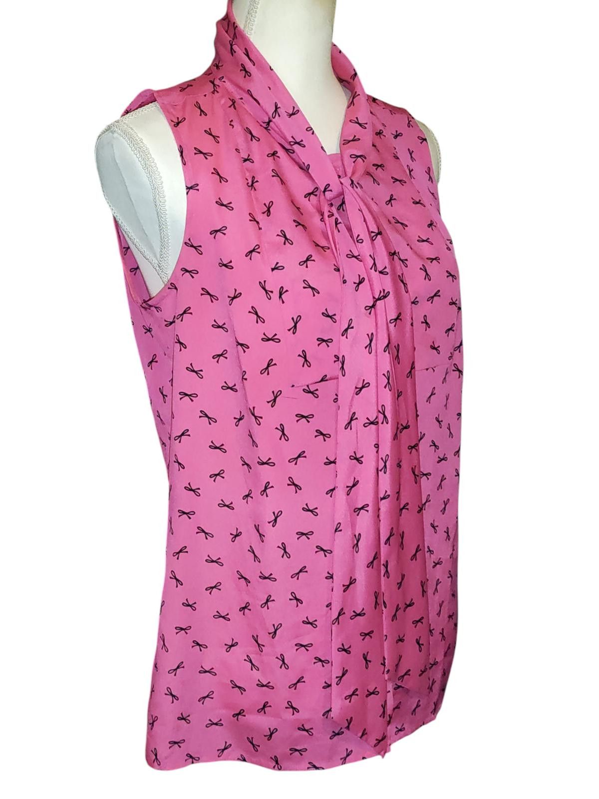 Designer LOFT Pink Sleeveless Bow Tie Neck Blouse w Black Bow Print Size S / US 4 / IT 40 - 4 Thumbnail