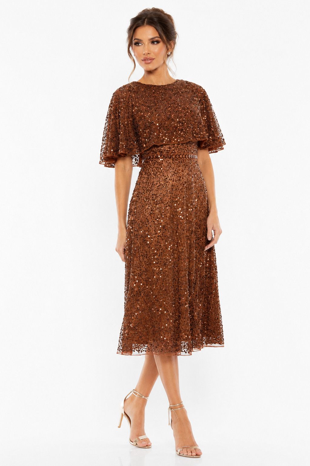 Mac Duggal Mac Duggal 5577 Copper Sequin Capelet Midi Dress Flawed Size XS / US 0-2 / IT 36-38 - 1 Thumbnail