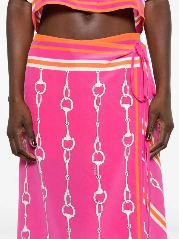 Gucci o1la5ras0526 Gucci Horsebit Stripe Print Silk Skirt in Pink Size 26" / US 2 / IT 38 - 5 Thumbnail