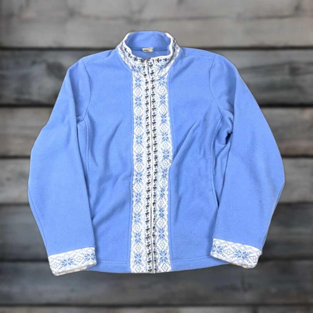 Vintage VTG Yes L.L. Bean Blue Snowflake Trim Zip Fleece Jacket Women's Large Geometric Size L / US 10 / IT 46 - 1 Thumbnail