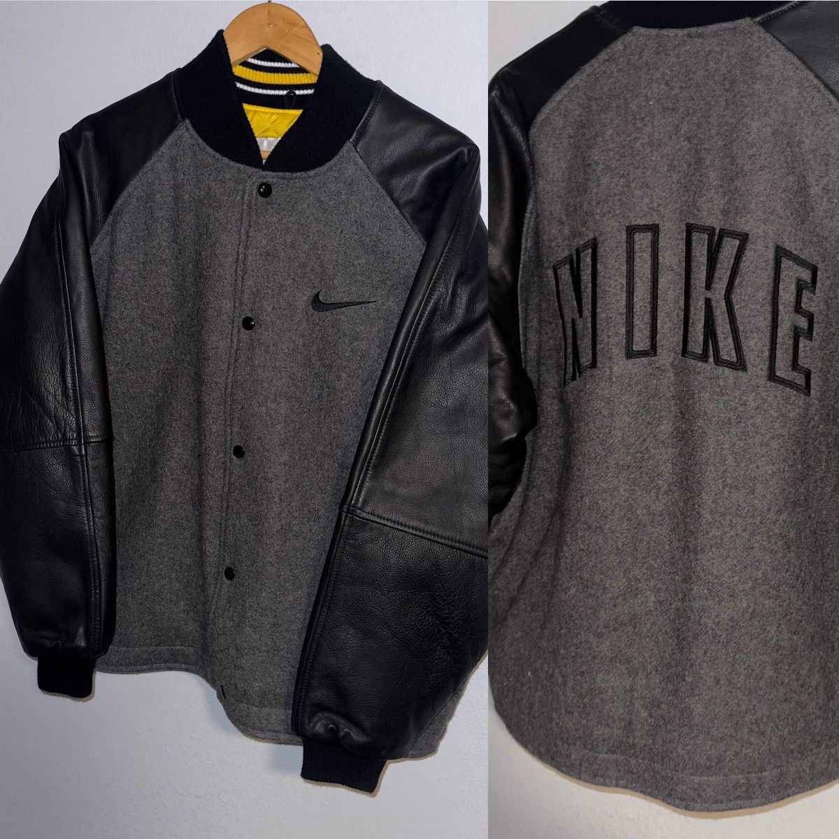 image of 1990S Nike Leather Wool Jacket Spellout Size M in Black, Men's