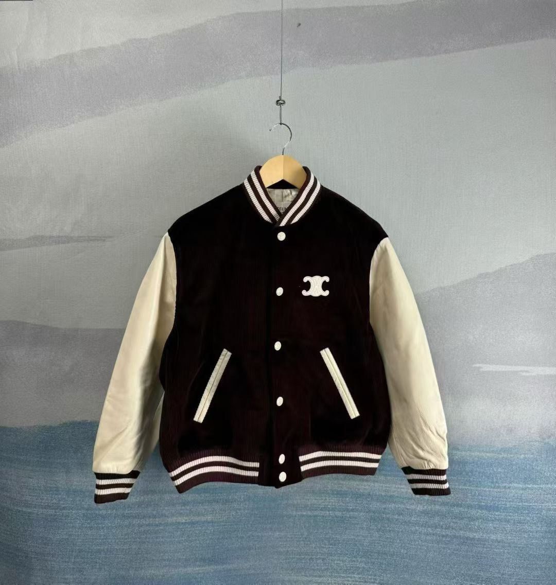 Celine Celine Burgundy Corduroy Leather Patchwork Embroidered Baseball Jacket Size US M / EU 48-50 / 2 - 1 Thumbnail