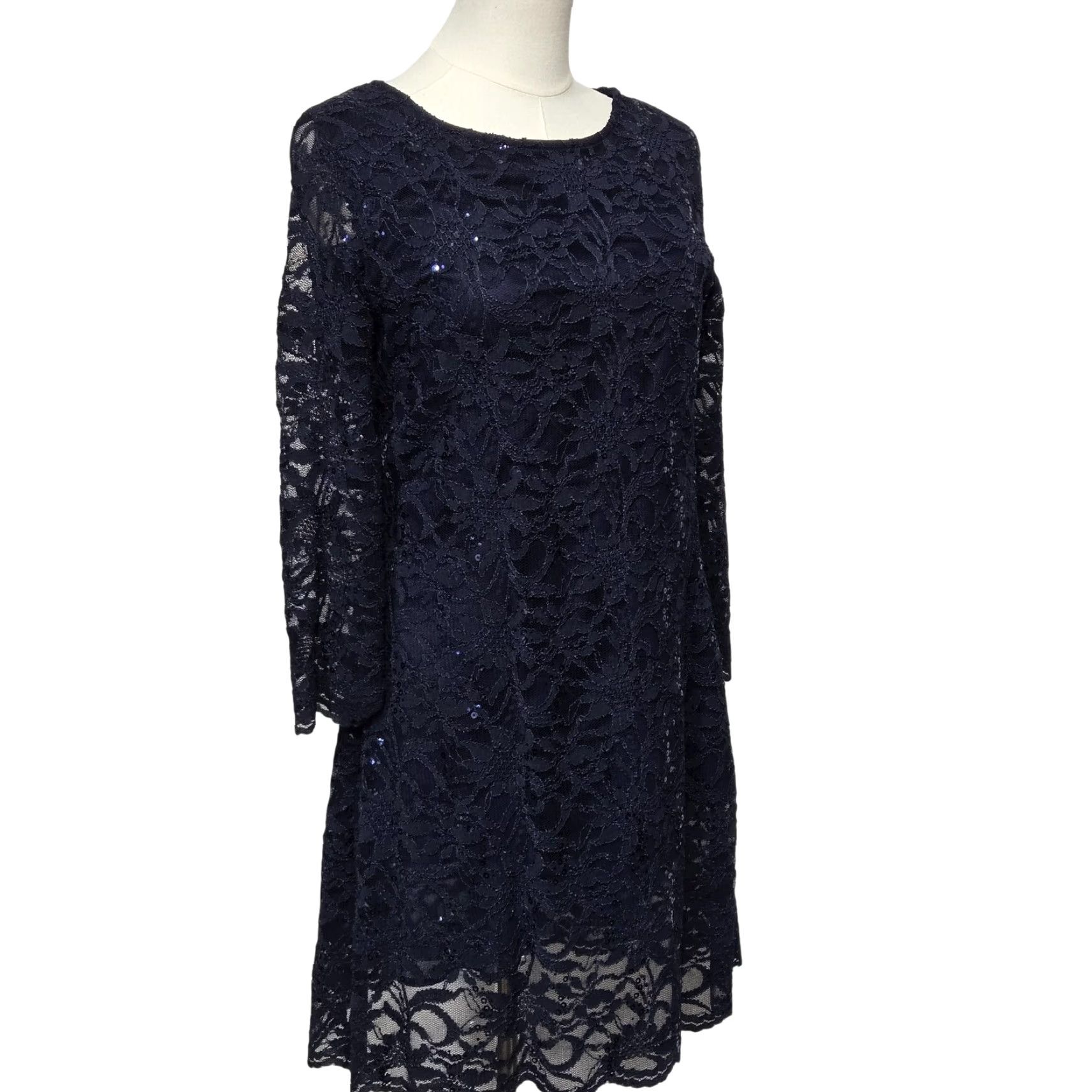 Vintage Marina Dress Womens 8 Navy Blue Lace Sequin Shift 3/4 Sleeve Party Cocktail Size M / US 6-8 / IT 42-44 - 2 Thumbnail
