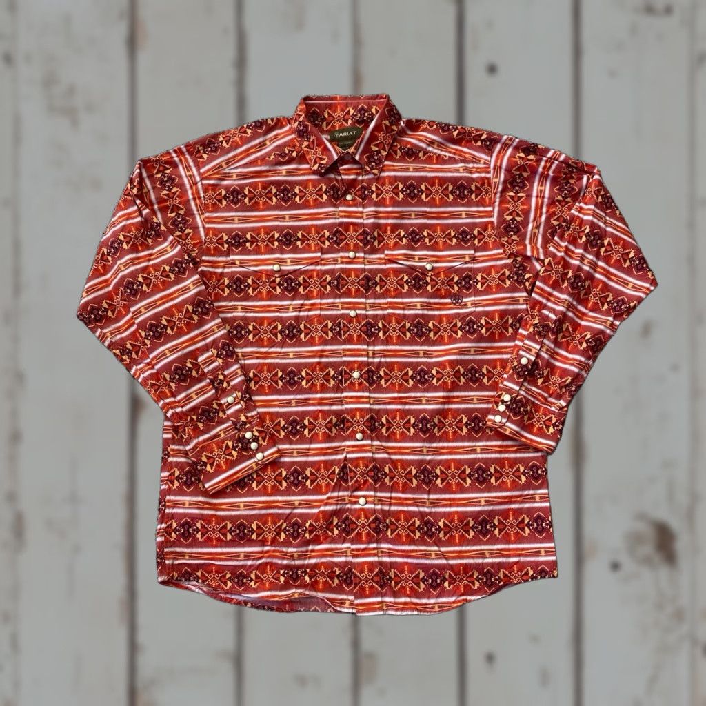 Ariat Ariat Mens Red Pattern Long Sleeve Button-Down Shirt M Western Pearl Snap Shirt Size US M / EU 48-50 / 2 - 1 Thumbnail