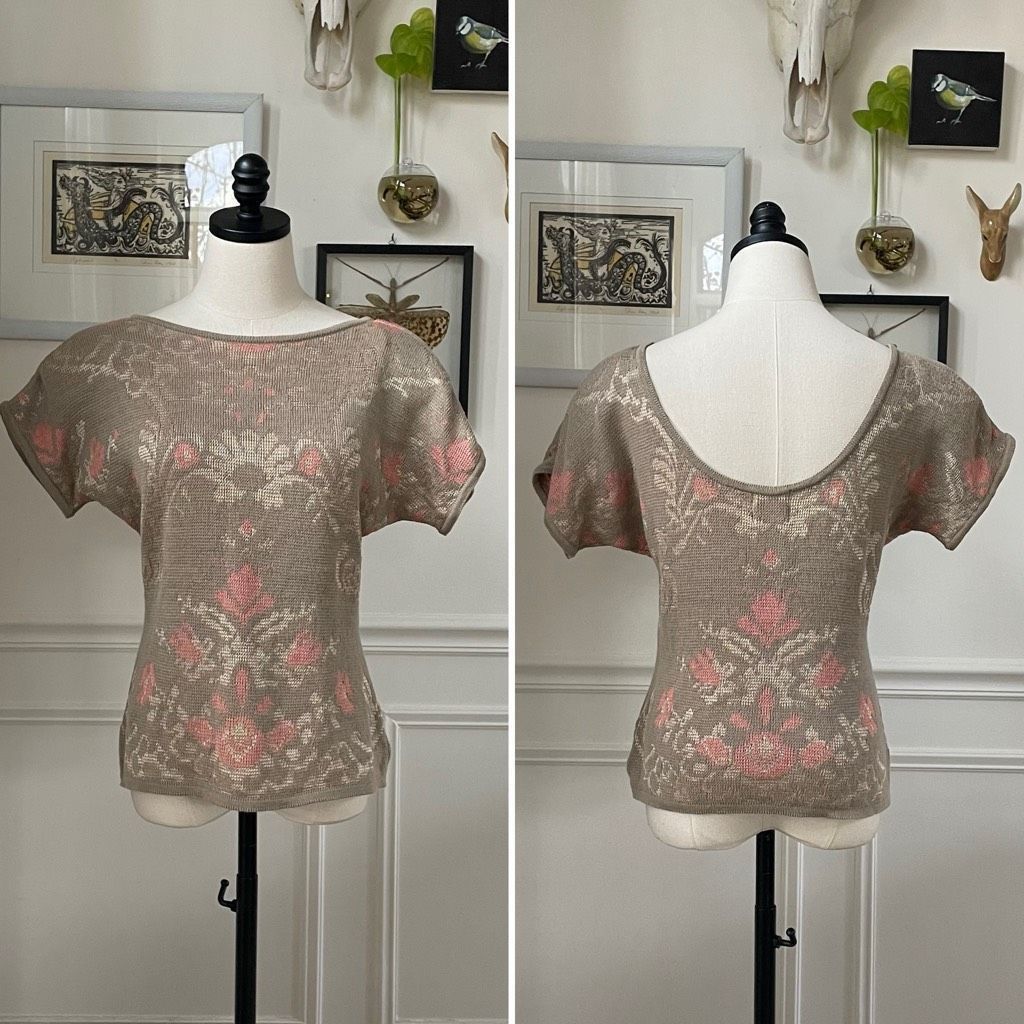 Vintage 80s Knit Deville Boatneck Scoop Back Short Sleeve Knit Top Beige Taupe Pink S M Size M / US 6-8 / IT 42-44 - 1 Thumbnail