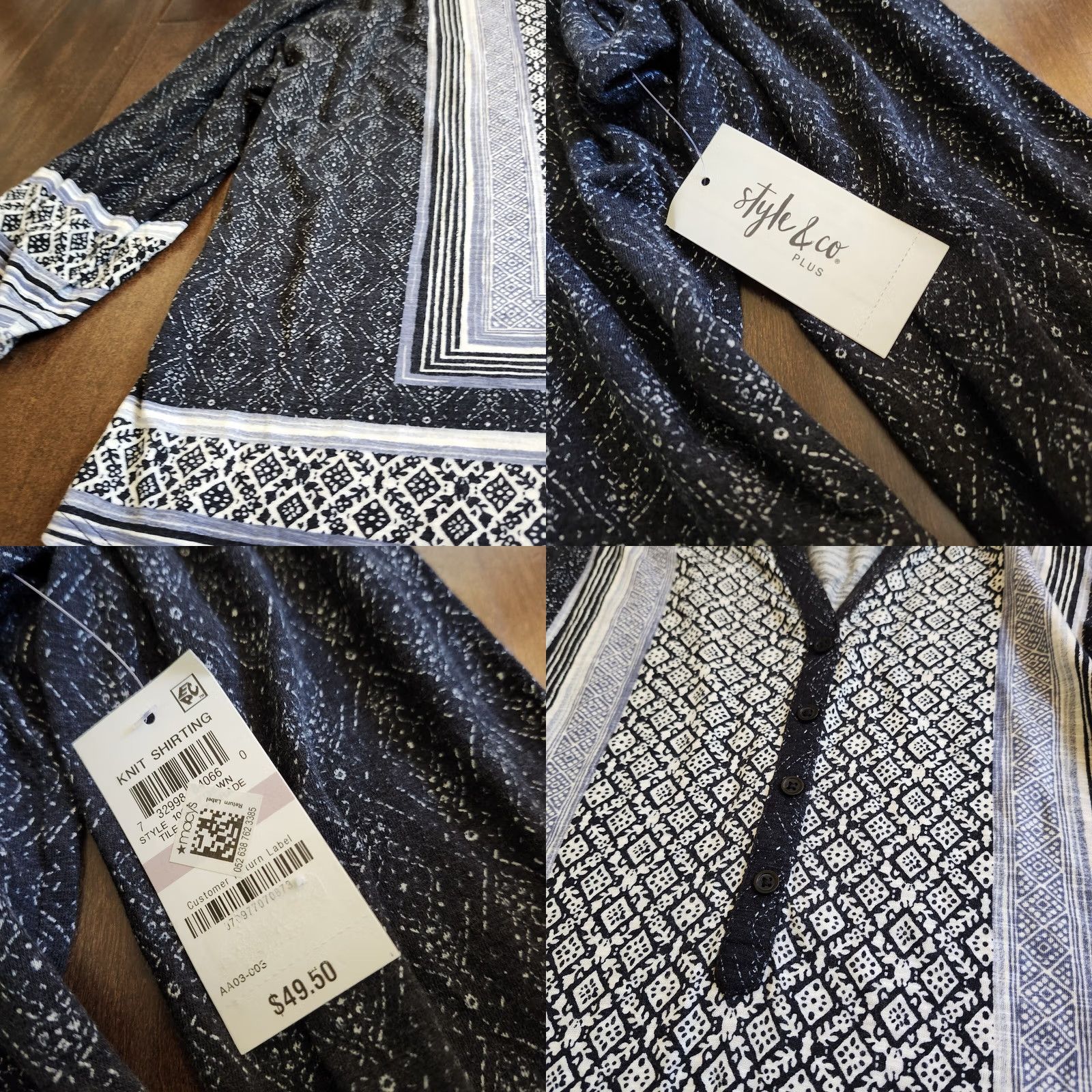 Style & Co Style & Co Women's Mixed-Print Split-Neck Tab-Sleeve Top Black 1X NWT Regular Beaded Cotton & Modal Casual Shirt Women Size XL / US 12-14 / IT 48-50 - 8 Thumbnail
