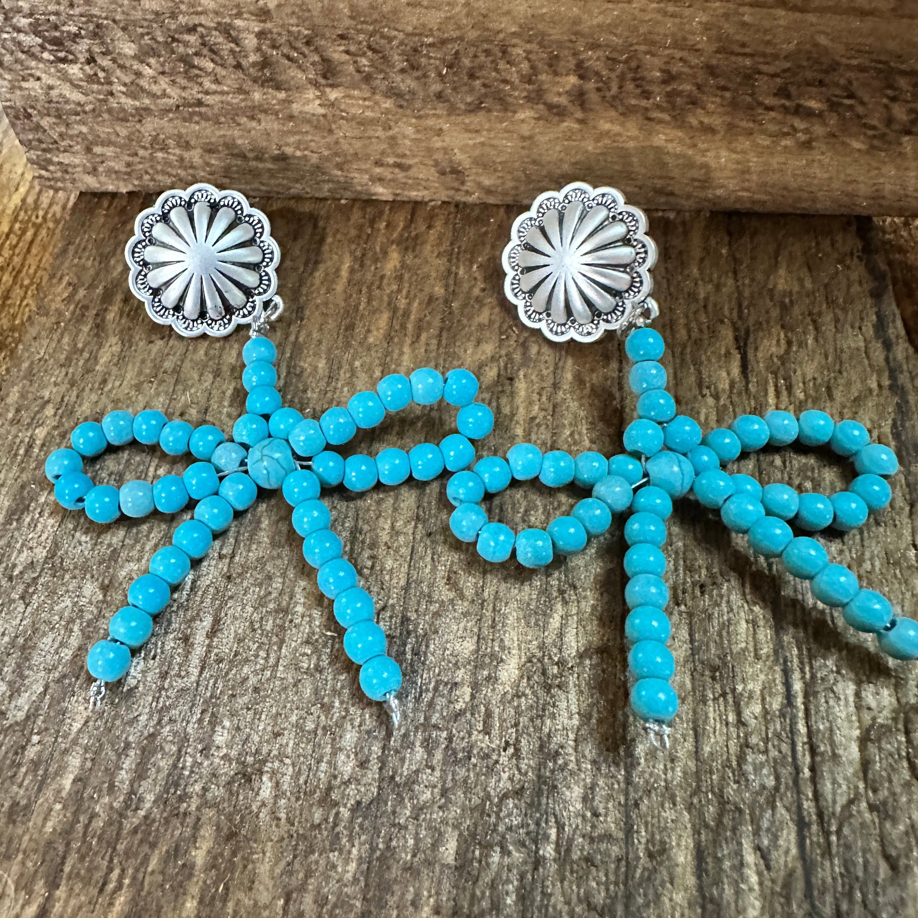 Other Handmade Ribbon Bow Post Earrings with Turquoise Beads, West Size ONE SIZE - 1 Thumbnail