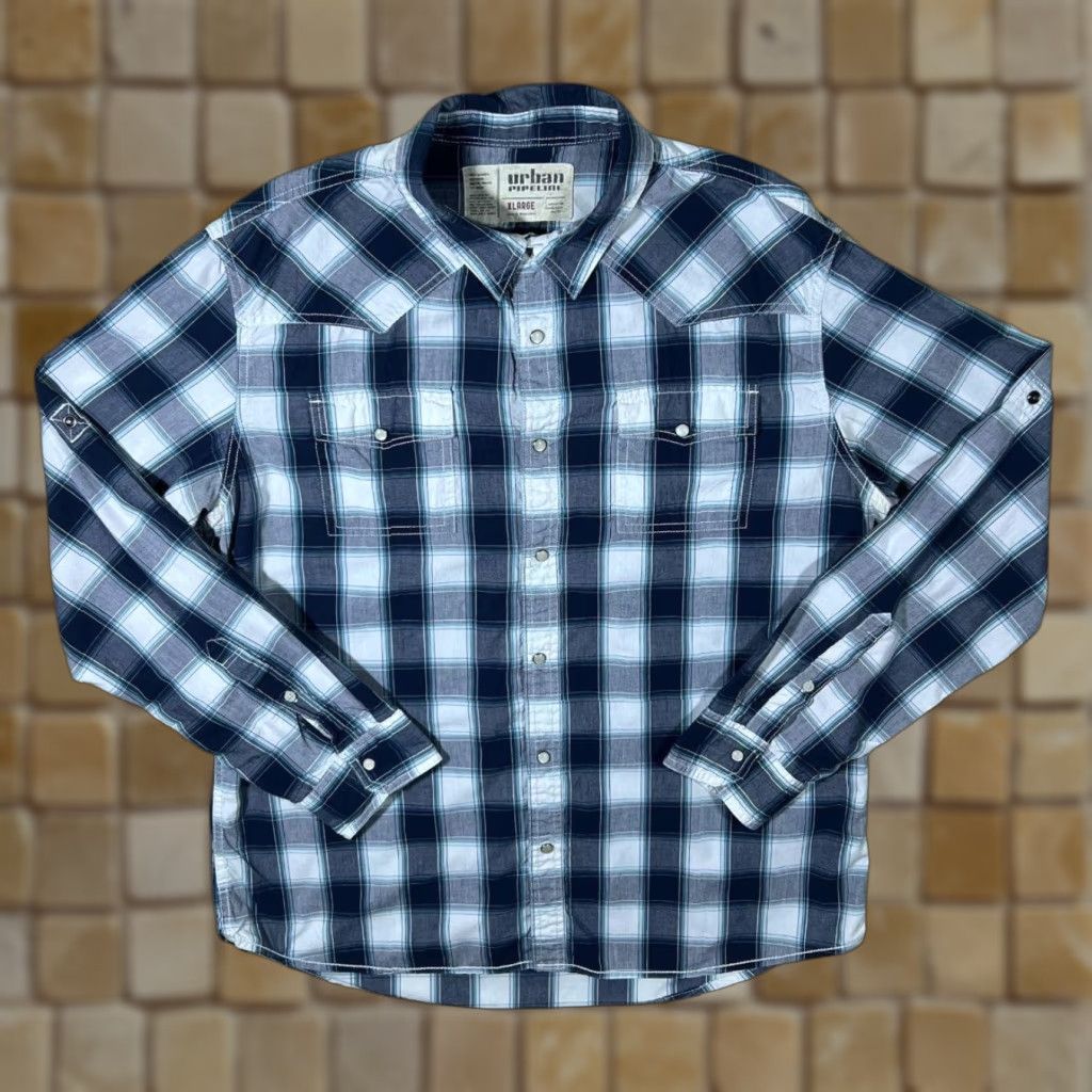 Vintage Urban Pipeline Cowboy Western Plaid Check Long Sleeve Popper Shirt XL Men Blue Check Shirt Size US XL / EU 56 / 4 - 1 Thumbnail