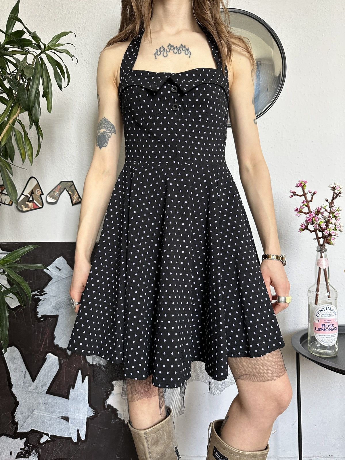 Vintage Polka Dot Halter Pin-up Coquette Midi Trending Dress 00s Size S / US 4 / IT 40 - 1 Thumbnail
