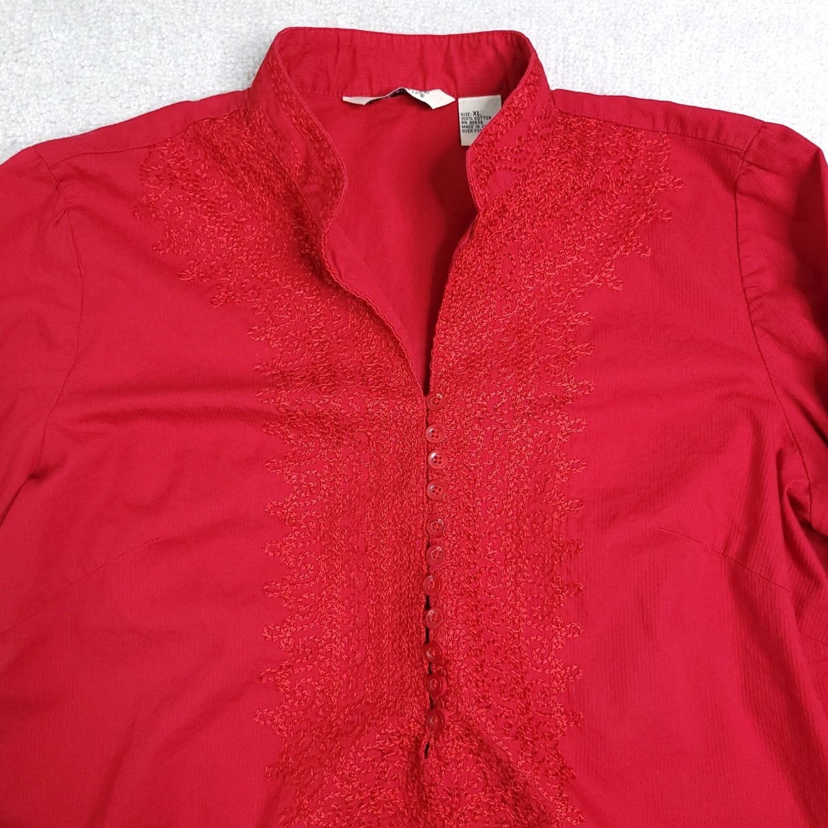 Vintage VINTAGE Cambridge Dry Goods Women's XL Red Embroidered Button Blouse Knit Cotton Bell Sleeve 90s Tunic Size XL / US 12-14 / IT 48-50 - 3 Thumbnail