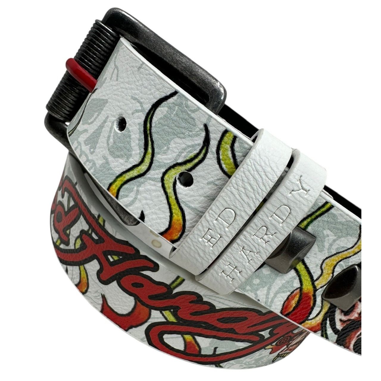Ed Hardy Ed Hardy Men's Devil In Flames White Belt With Metal Studs Size 42 - 2 Thumbnail