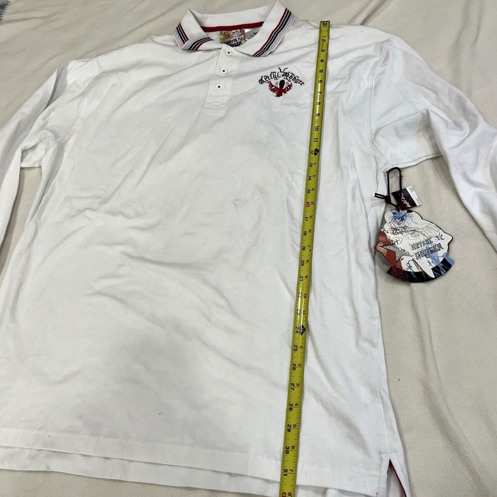 Vintage Artful Dodger Mens T-Shirt Polo Shirt White Embroidered Geometric Long Sleeve 2XL Cotton Mens Shirts Corporate? Size US XXL / EU 58 / 5 - 6 Thumbnail