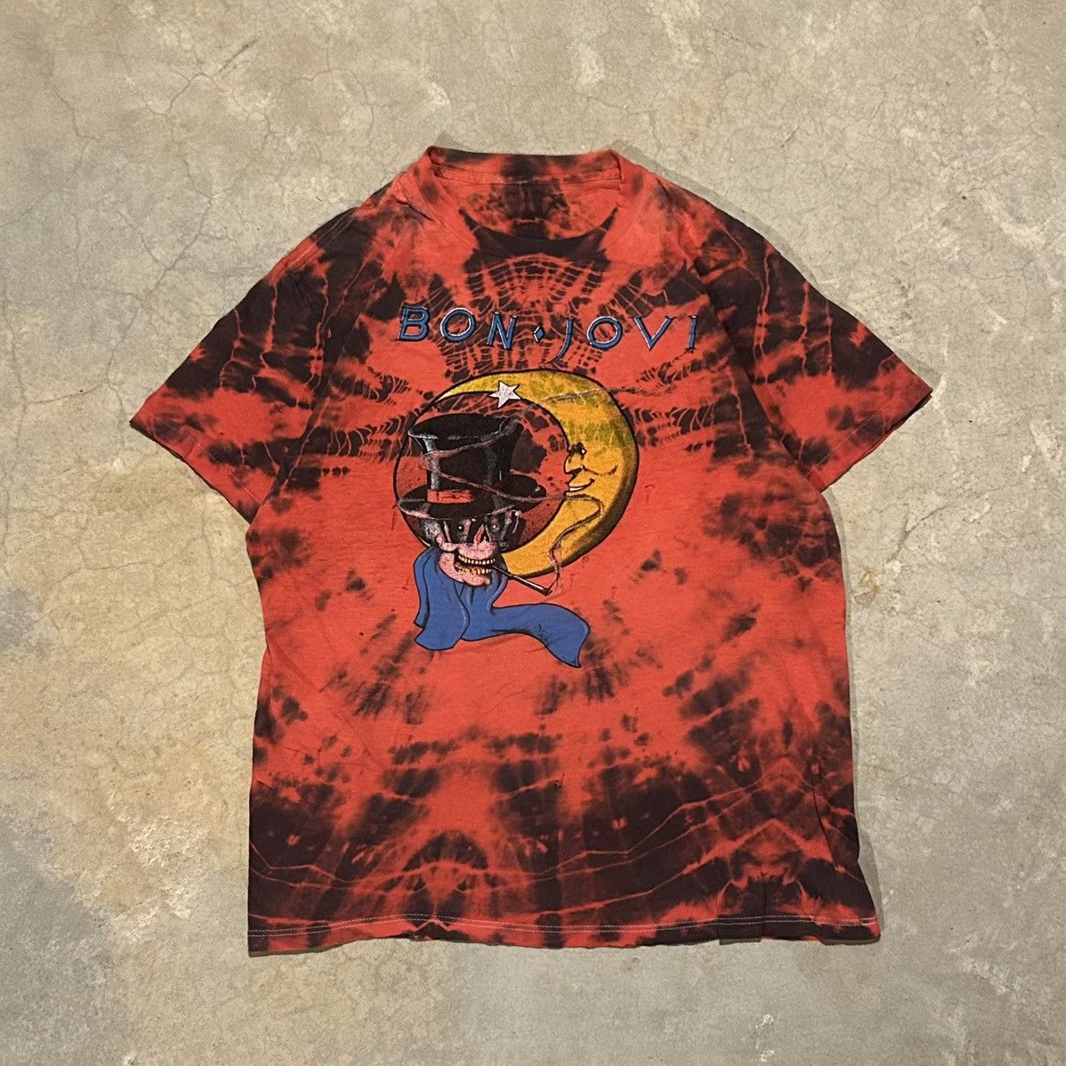 Band Tees × Vintage Vintage 1980s Bon Jovi Smoking Skull Distressed Tie Dye Tee Size US M / EU 48-50 / 2 - 1 Thumbnail