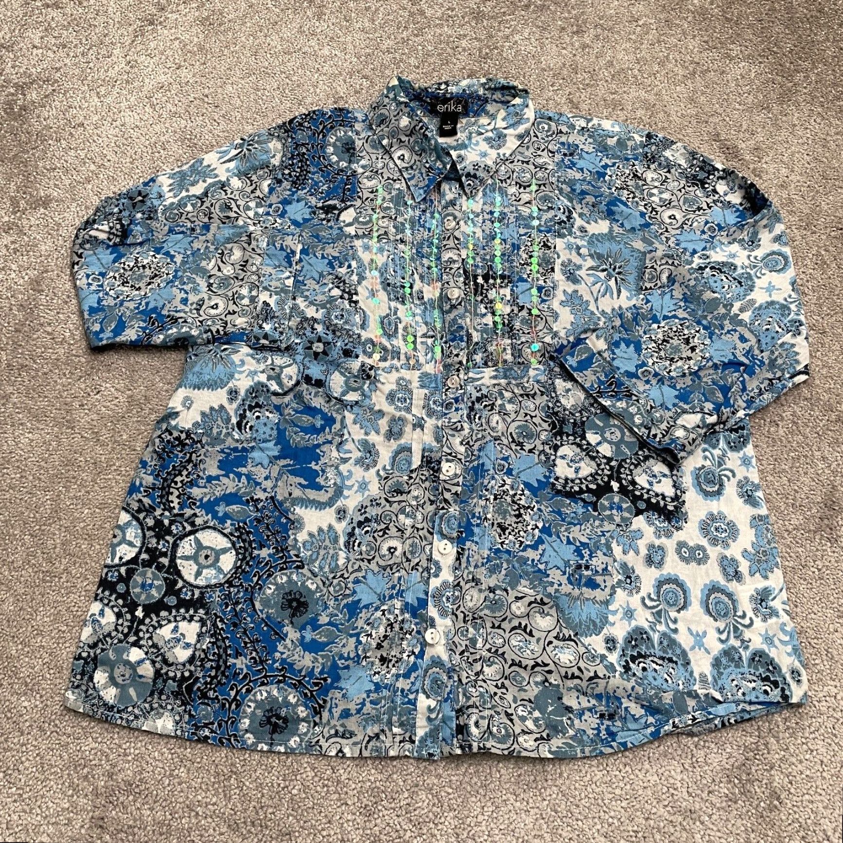 Vintage ERIKA Shirt Womens Large Blue Floral Paisley Long Sleeve Casual Size L / US 10 / IT 46 - 2 Thumbnail