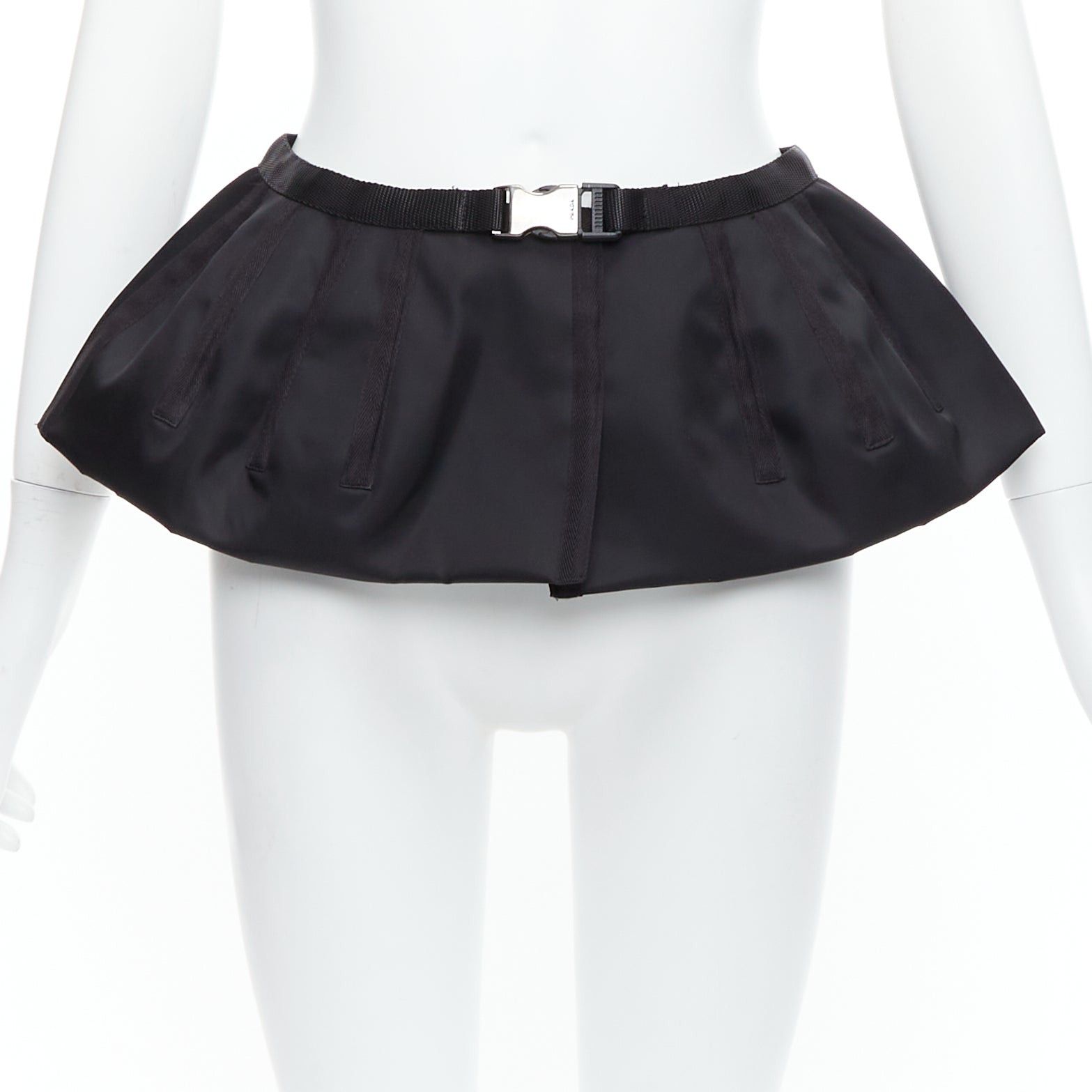 PRADA 2008 black nylon silver logo buckle fabric peplum belt IT38 XS