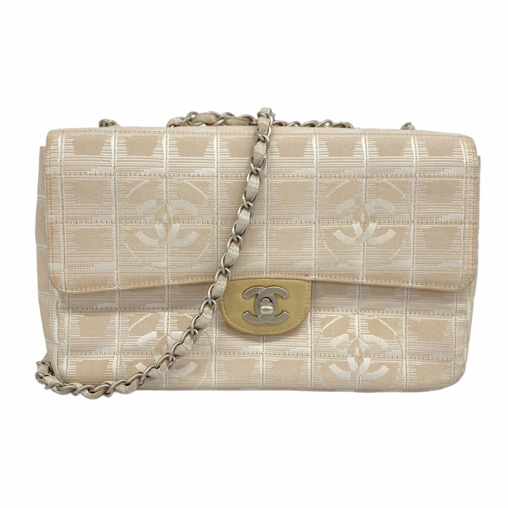 Chanel Shoulder Bag New Travel W Chain Chocolate Bar Nylon Beige Women's