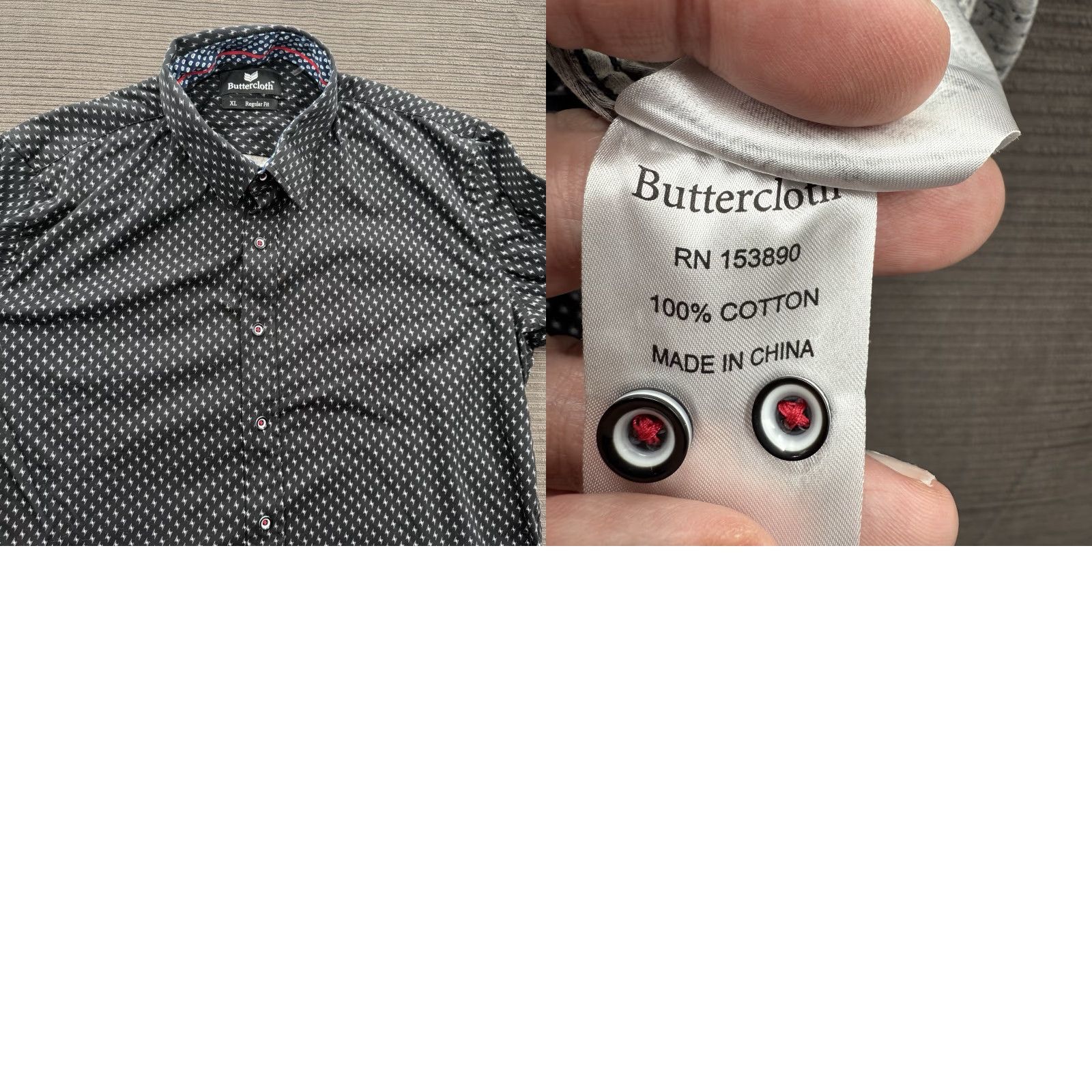 Vintage Buttercloth Shirt Men XL Black Geometric Print Cotton Regular Fit Designer Button-Up Shirt Accessories: All Seasons, Breathable, Stretch Size US XL / EU 56 / 4 - 8 Thumbnail