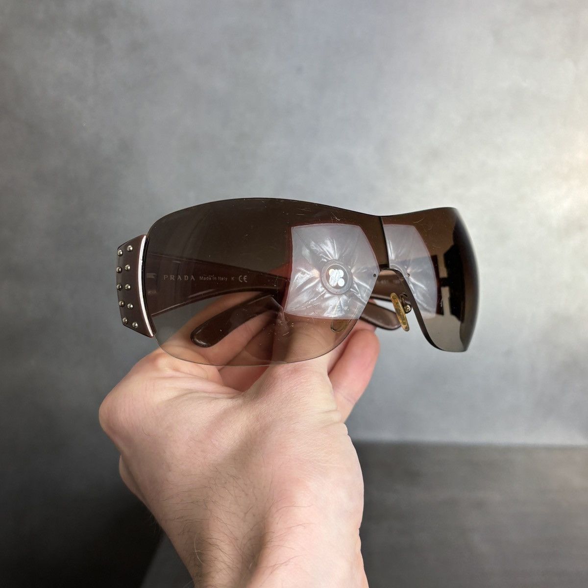Prada 2011 Prada Sunglasses Y2K Prada Studded Shield Wrap SPR 29L Size ONE SIZE - 12 Thumbnail