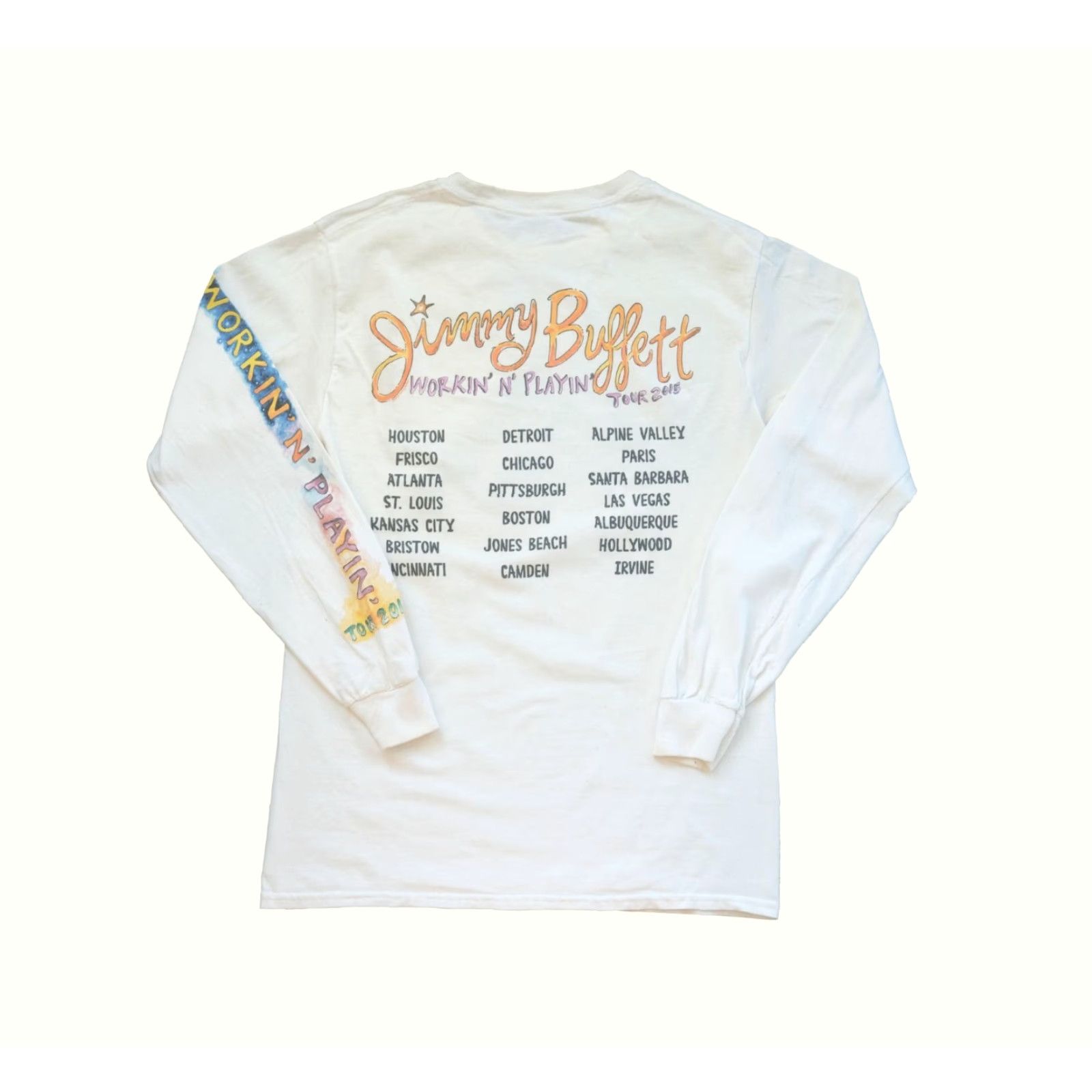 Gildan VINTAGE Jimmy Buffett WORKIN N PLAYIN YACHT ROCK T SHIRT MEN SZ S White Cotton Graphic Print Crew Neck Long Sleeve Rock Tour 2010s Men’s Gildan 5000 Size US S / EU 44-46 / 1 - 2 Thumbnail