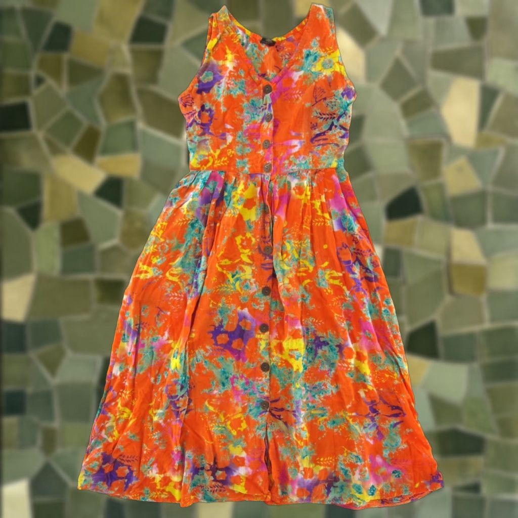 Vintage VTG The Monkey's Designs Rayon Orange Pink Button Down Tie Dye Tank Sun Dress S Size S / US 4 / IT 40 - 1 Thumbnail