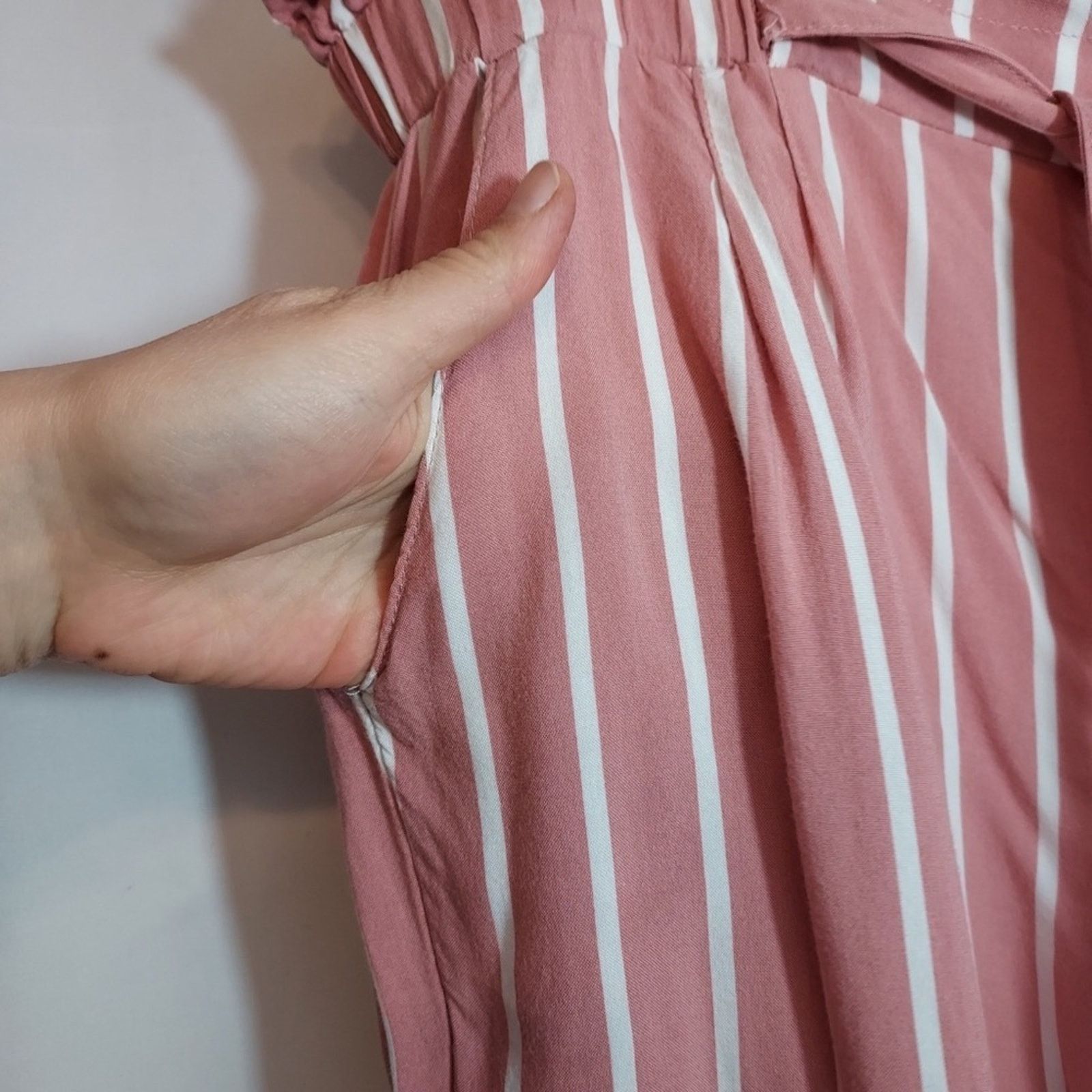 Other Papaya Pink White Stripe Paper Bag Drawstring Wide Pants Size 34" / US 12 / IT 48 - 3 Thumbnail