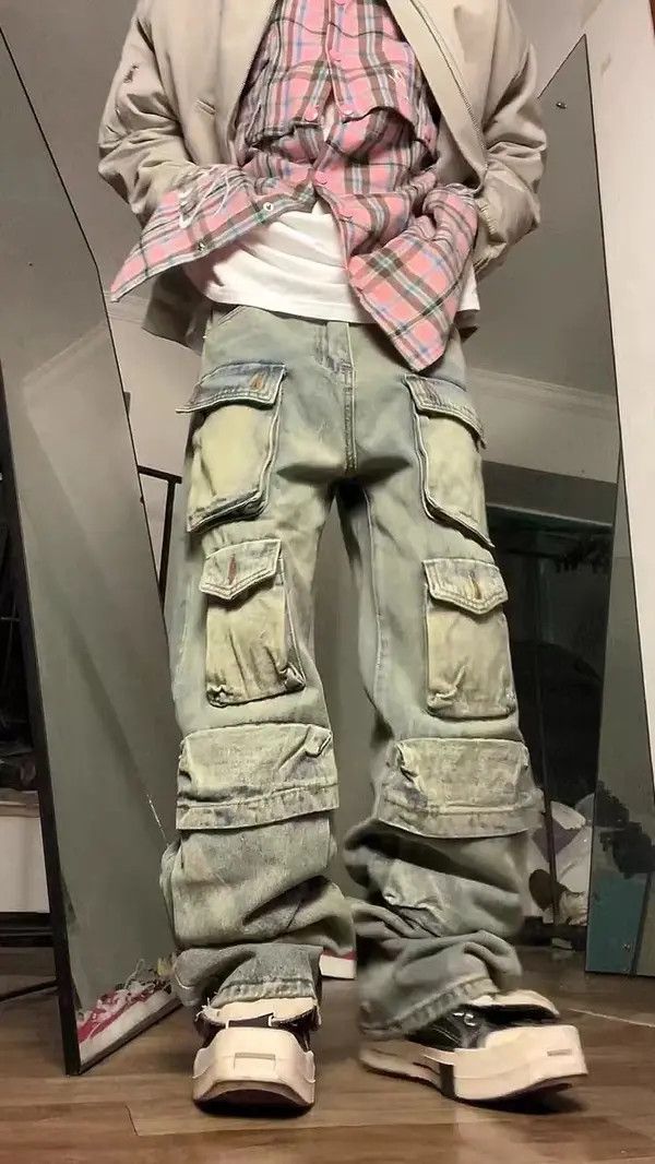 VIBE Retro yellow mud-dyed washed distressed multi-pocket jeans Size US 32 / EU 48 - 5 Thumbnail